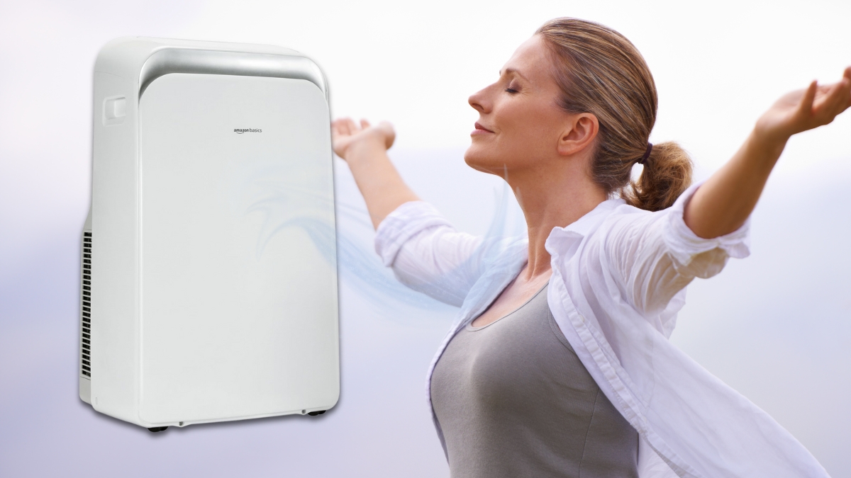 Woman enjoying fresh air near a portable air conditioner with heat from Amazon Basics.
