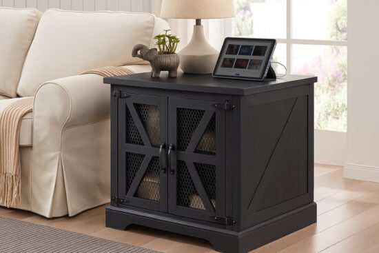 Black JXQTLINGMU farmhouse end table with mesh barn doors and a charging station beside a beige sofa.