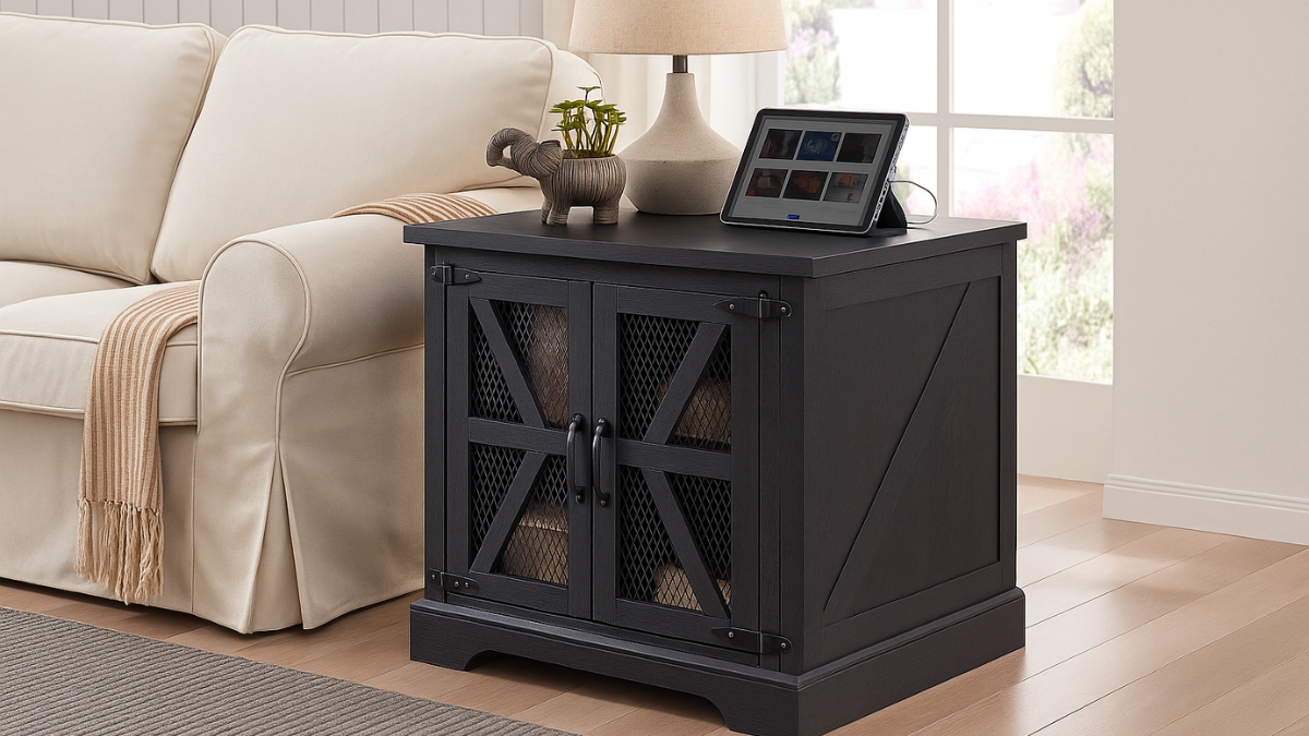 Black JXQTLINGMU farmhouse end table with mesh barn doors and a charging station beside a beige sofa.