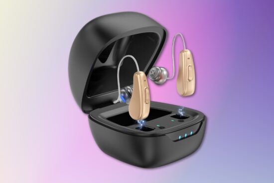 NVBOTY hearing aids with a black charging case and gold behind-the-ear design shown on a soft gradient background.