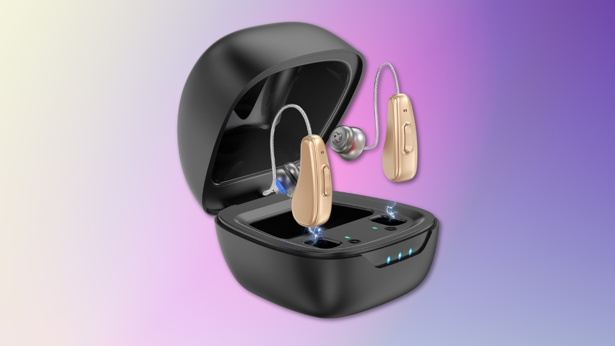 NVBOTY hearing aids with a black charging case and gold behind-the-ear design shown on a soft gradient background.