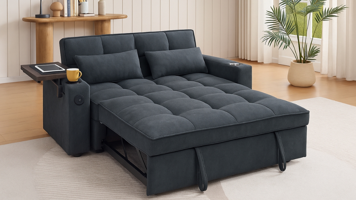 Dark gray convertible sofa bed with cup holder and side tray set in a bright living room with wooden floor and potted plant.