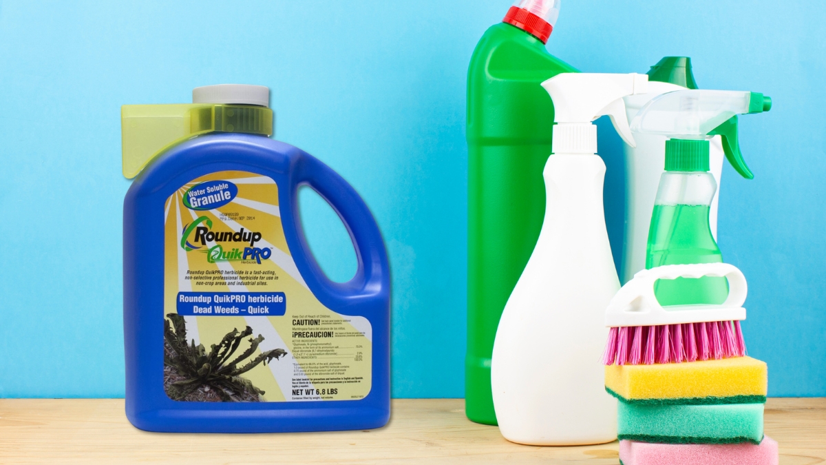 Roundup QuickPro dry formula herbicide jug placed beside cleaning bottles and sponges on a wooden surface.