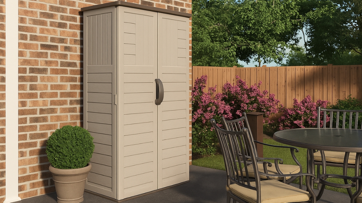 Suncast vertical outdoor storage shed placed on a patio next to a brick wall and garden seating area.