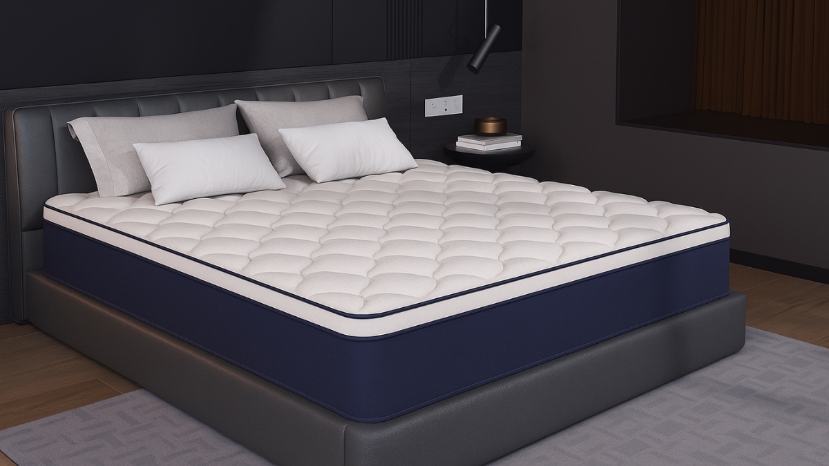 Plush king size mattress with a quilted top on a modern bed frame