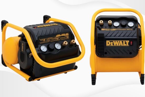 Two views of a DEWALT air compressor with a compact frame, gauges, and a bright yellow roll cage.
