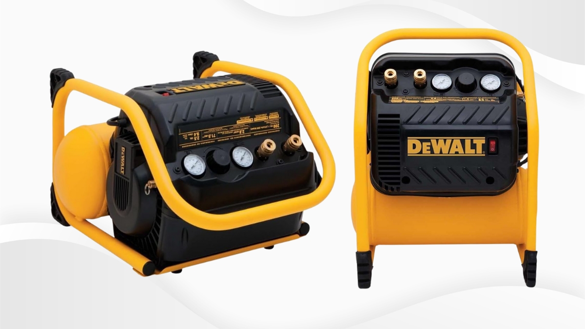 Two views of a DEWALT air compressor with a compact frame, gauges, and a bright yellow roll cage.