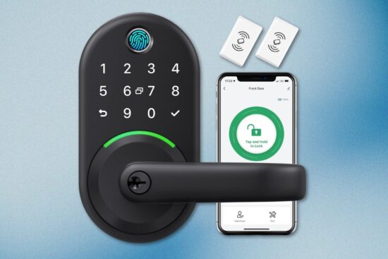 Black smart door handle lock with fingerprint scanner, keypad, and app-controlled access shown on a smartphone screen.