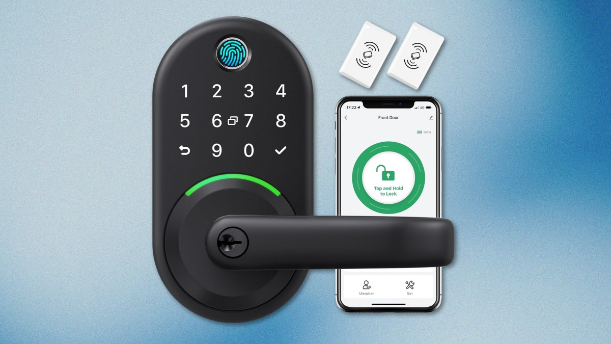 Black smart door handle lock with fingerprint scanner, keypad, and app-controlled access shown on a smartphone screen.