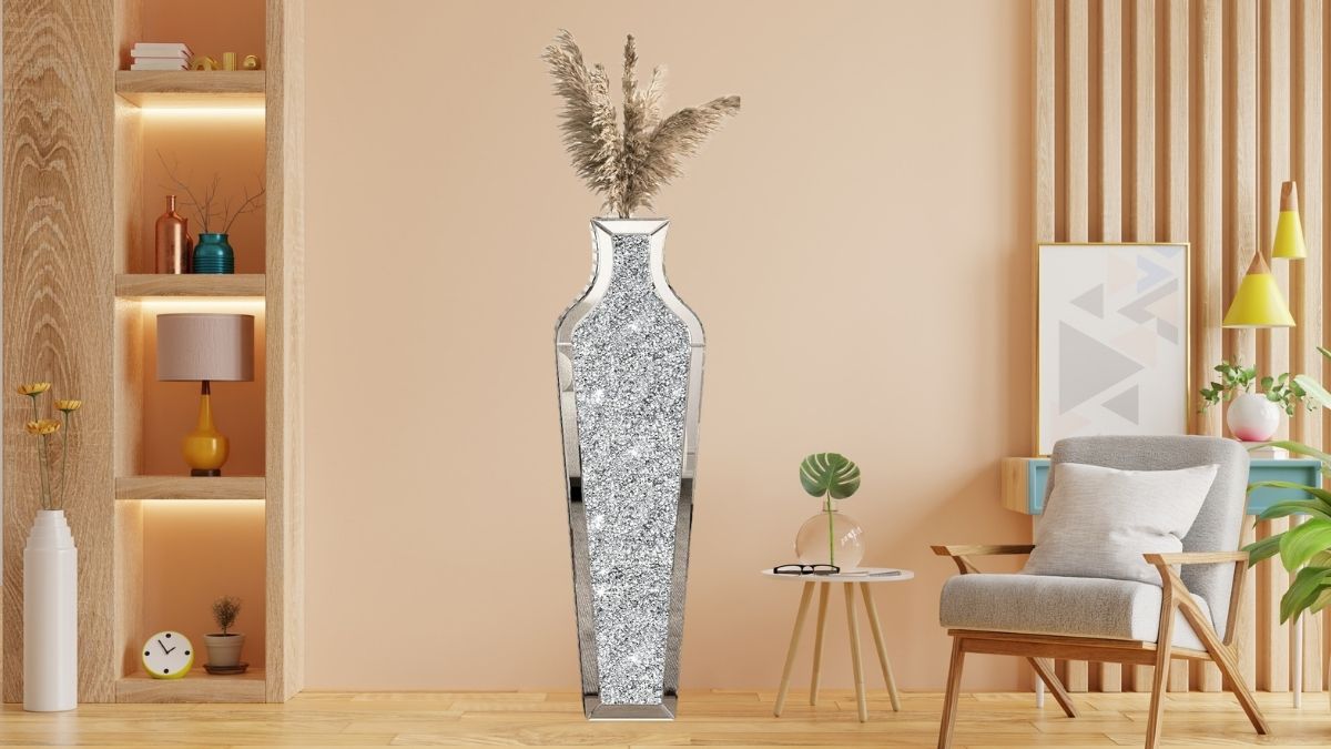 SHYFOY 43" Extra Large Floor Vase Oversized Crushed Diamond Mirrored Vase Silver.