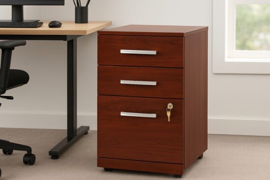 Cherry wood 3-drawer mobile file cabinet with silver handles and a lock, placed next to a modern office desk.