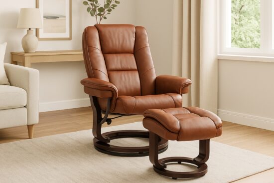 Brown swivel recliner with ottoman in PU leather, shown in a cozy living room with wood and neutral decor.