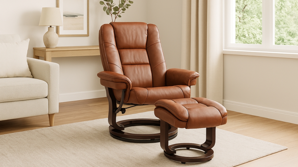 Brown swivel recliner with ottoman in PU leather, shown in a cozy living room with wood and neutral decor.