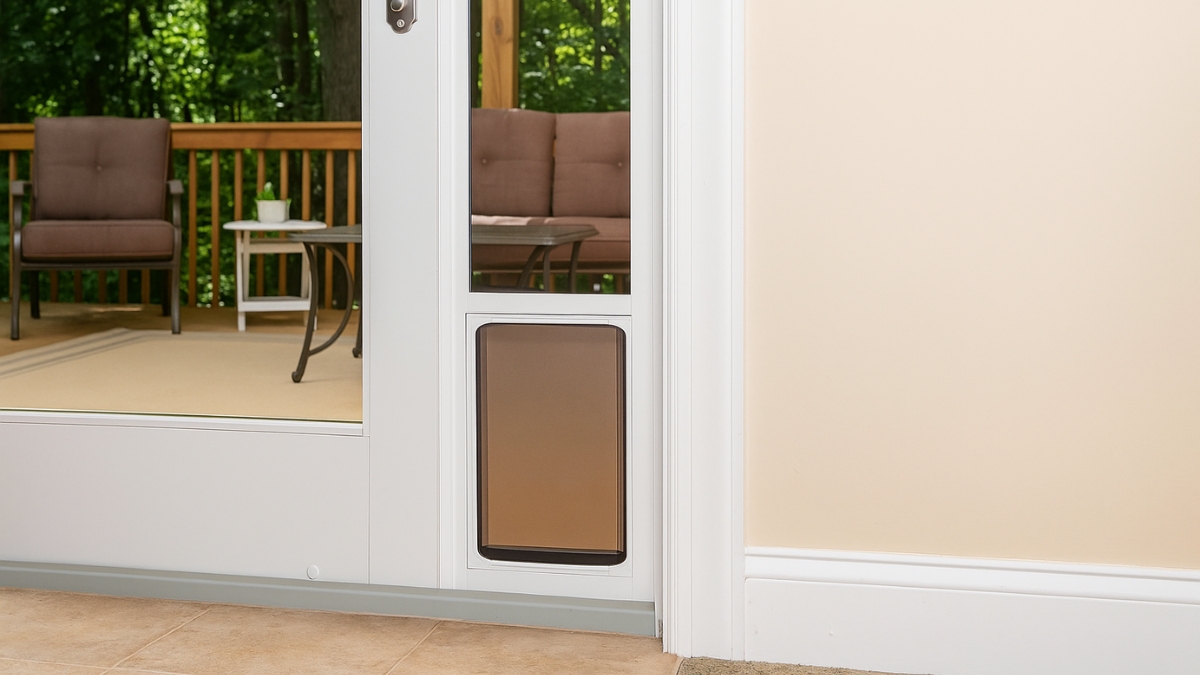 White PetSafe doggy door for sliding glass doors with a tinted flap installed next to a patio.