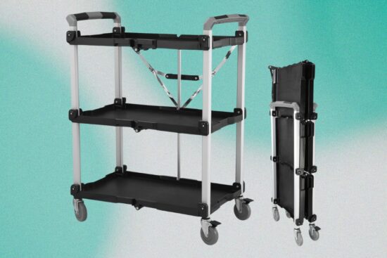 Collapsible service cart with three black shelves, swivel wheels, and a foldable aluminum frame shown open and folded.