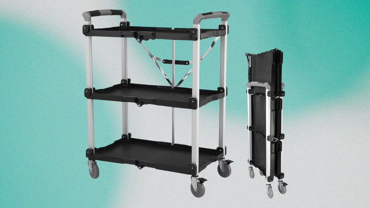 Collapsible service cart with three black shelves, swivel wheels, and a foldable aluminum frame shown open and folded.