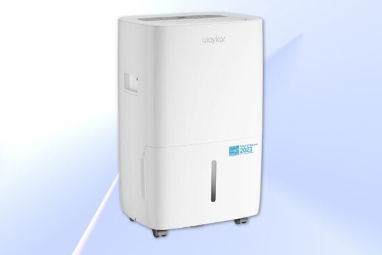 White Waykar 80 Pints Energy Star Dehumidifier with wheels and water tank, shown against a light background.