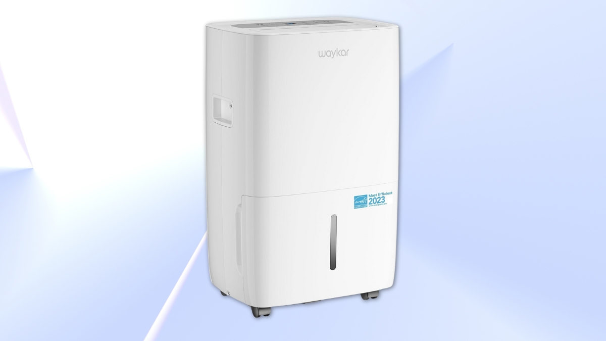 White Waykar 80 Pints Energy Star Dehumidifier with wheels and water tank, shown against a light background.