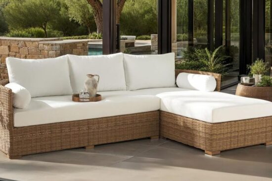 SAFAVIEH Couture Outdoor Collection Anguilla Natural/White Wicker Solid Wood Chaise Sofa