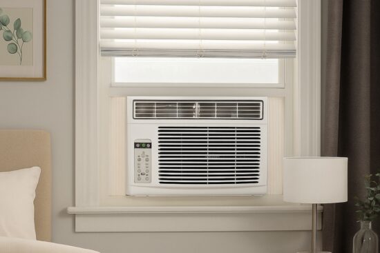 A BLACK+DECKER window air conditioner installed in a bedroom window with a remote control panel.