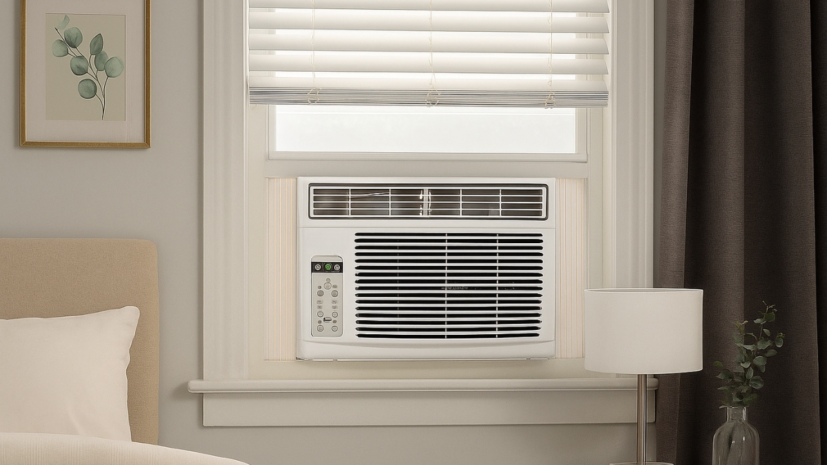 A BLACK+DECKER window air conditioner installed in a bedroom window with a remote control panel.