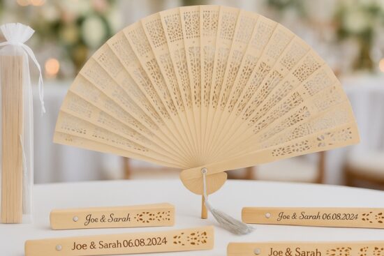 Personalized wooden hand fan with custom names and date, shown with gift bags for wedding favors.