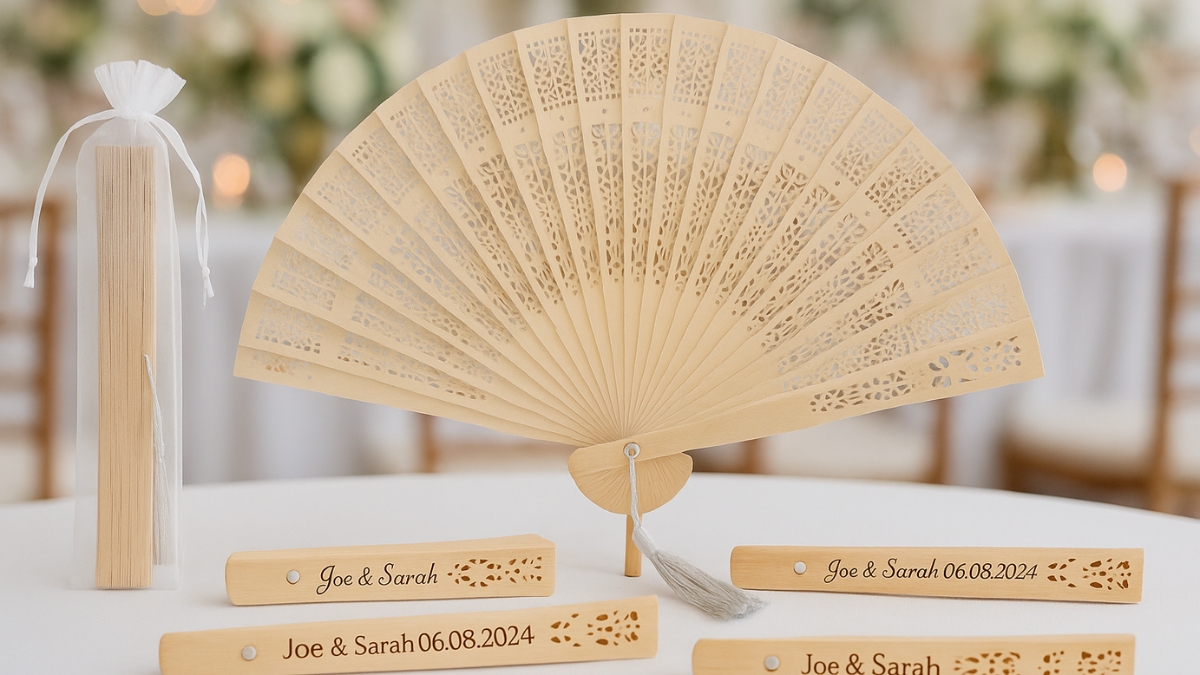 Personalized wooden hand fan with custom names and date, shown with gift bags for wedding favors.