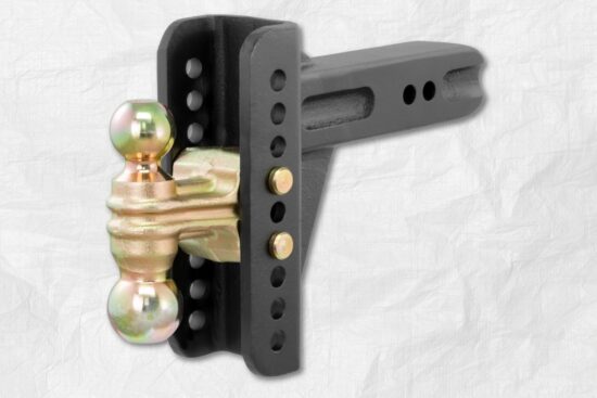 Black adjustable trailer hitch with dual ball mount designed for 2.5 inch hitch receivers