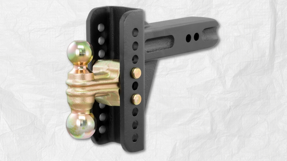 Black adjustable trailer hitch with dual ball mount designed for 2.5 inch hitch receivers
