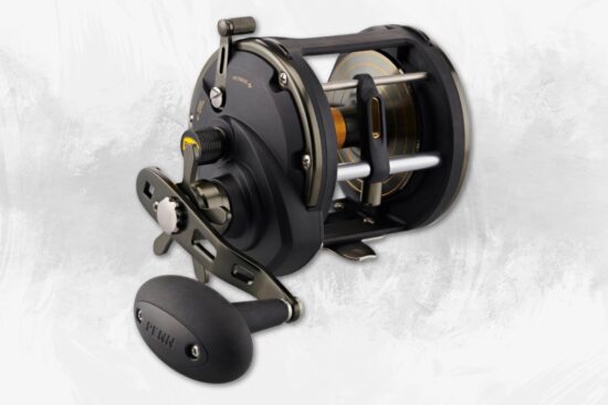 Black PENN Squall II fishing reel with level wind design and large handle for saltwater use.