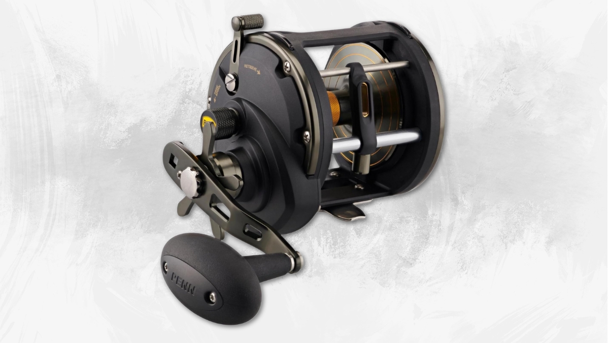 Black PENN Squall II fishing reel with level wind design and large handle for saltwater use.