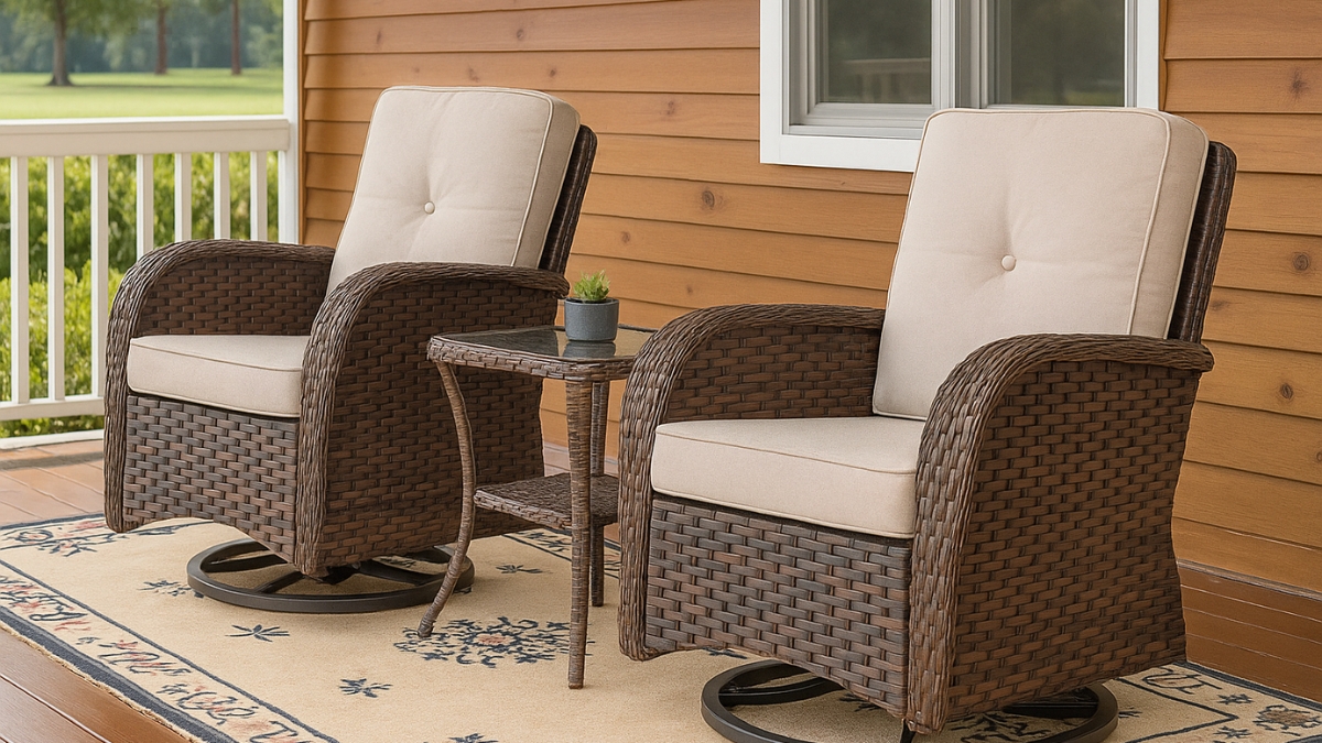 Two patio swivel rocking chairs with beige cushions and a small wicker side table on a porch.