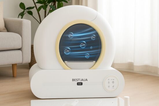 Modern BEST JAJA self cleaning litter box with app controls and odor-free design in a living room.