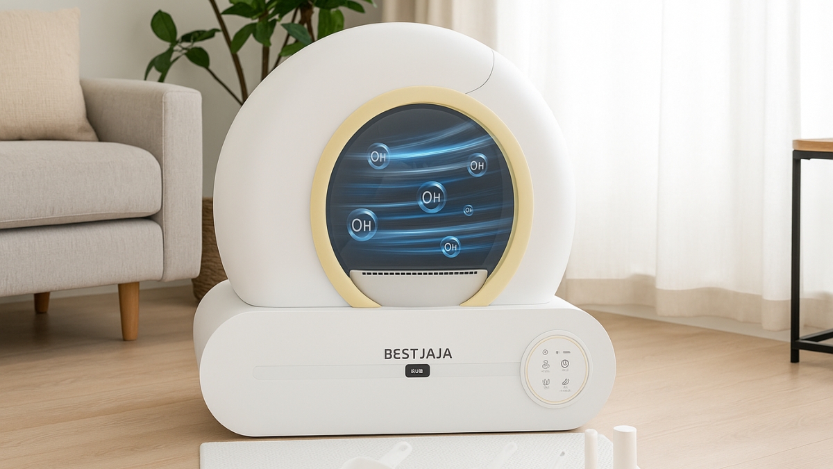 Modern BEST JAJA self cleaning litter box with app controls and odor-free design in a living room.