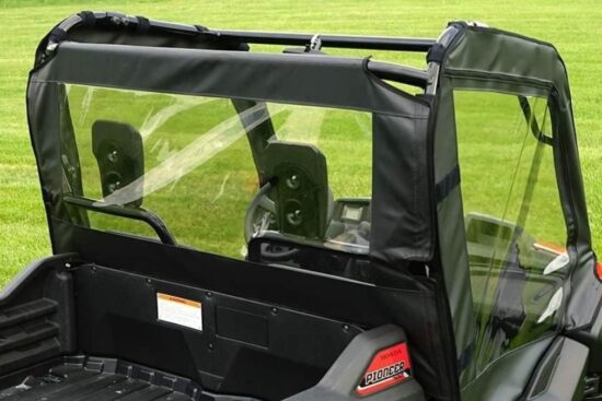 Soft rear panel with clear zippered UTV windows installed on a Honda Pioneer 700.