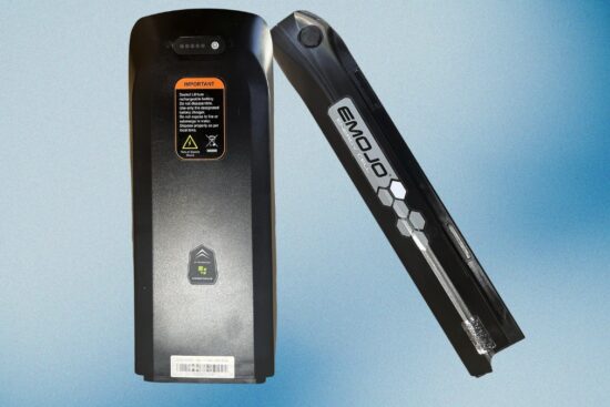 Front and side view of an EMOJO electric bike replacement battery with a 48V 14Ah label and warning sticker.