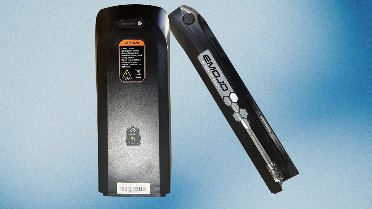 Front and side view of an EMOJO electric bike replacement battery with a 48V 14Ah label and warning sticker.