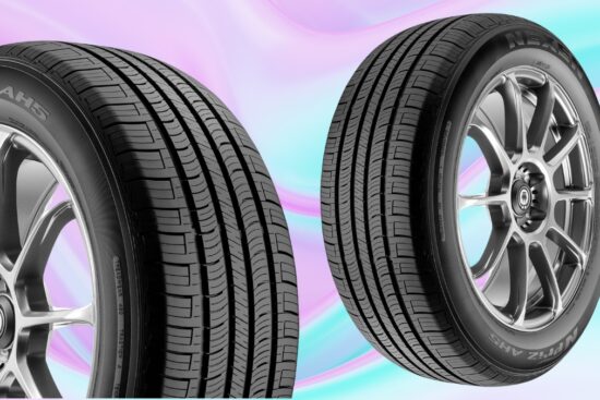 Two Nexen N'Priz AH5 all-season tires shown on rims with a clear view of the tread pattern.