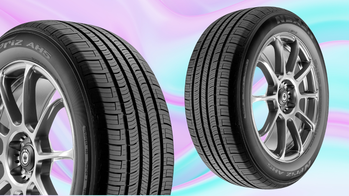 Two Nexen N'Priz AH5 all-season tires shown on rims with a clear view of the tread pattern.