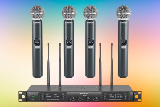 Four handheld mics and a wireless microphone system receiver with antennas on a colorful background.