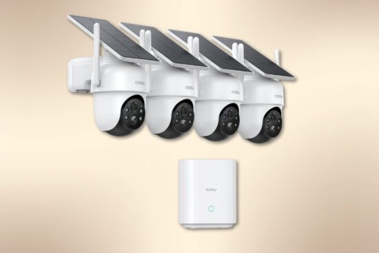 Four white wireless outdoor security cameras with solar panels and a central home base on a beige background.