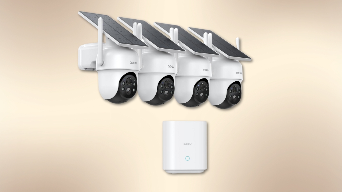 Four white wireless outdoor security cameras with solar panels and a central home base on a beige background.