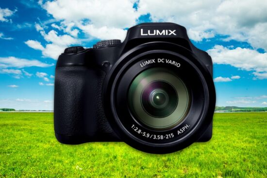 Panasonic Lumix FZ80D camera shown close-up with a scenic landscape in the background.