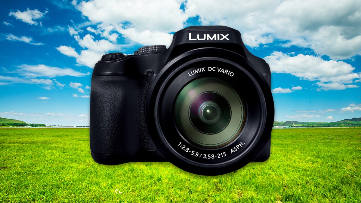 Panasonic Lumix FZ80D camera shown close-up with a scenic landscape in the background.