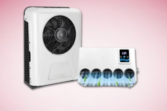 White 12V truck air conditioner split unit with digital control and four vents.