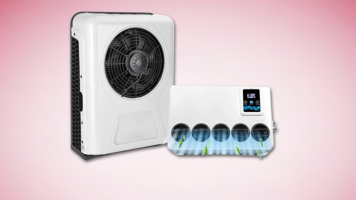 White 12V truck air conditioner split unit with digital control and four vents.