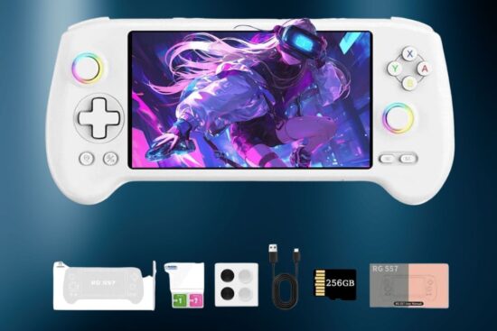 ROUASD RG557 Retro Handheld Video Game Console, with 256G Game Card Android 14 5.48-Inch AMOLED HD Screen RGB Lighting Dimensity8300 Processor Game Player.