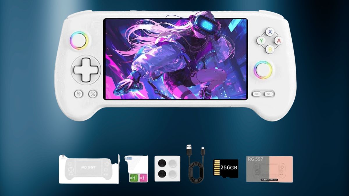 ROUASD RG557 Retro Handheld Video Game Console, with 256G Game Card Android 14 5.48-Inch AMOLED HD Screen RGB Lighting Dimensity8300 Processor Game Player.