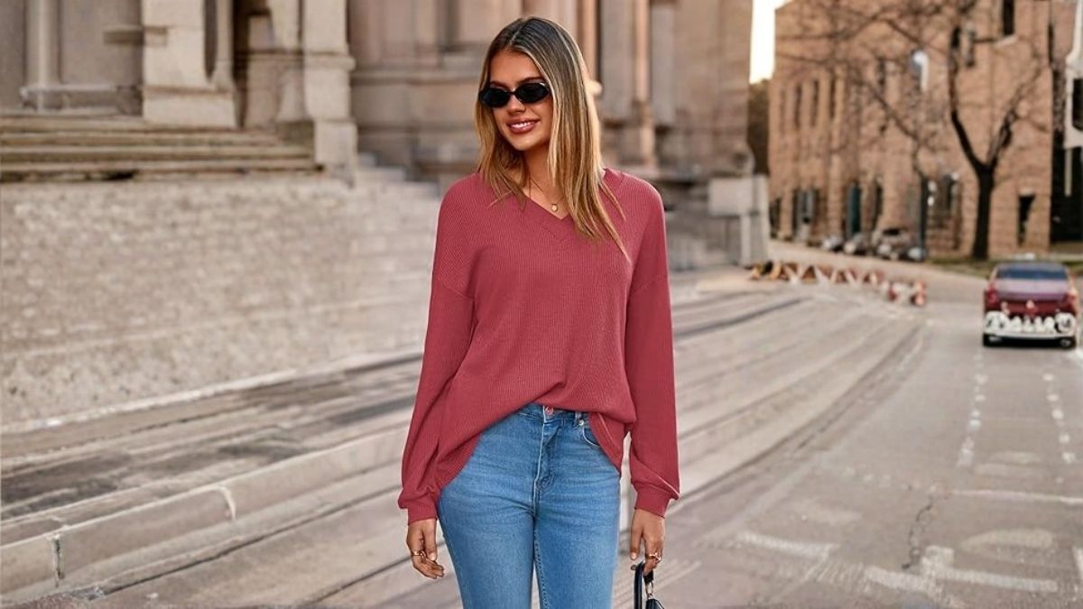 MASCOMODA Womens Tops Casual V Neck Waffle Knit Long Sleeve Shirts