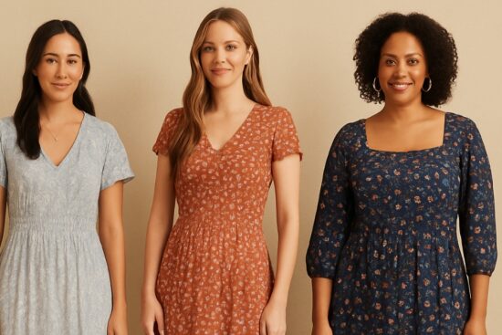 Three women wearing floral Ariat-style dresses standing side by side against a neutral background.